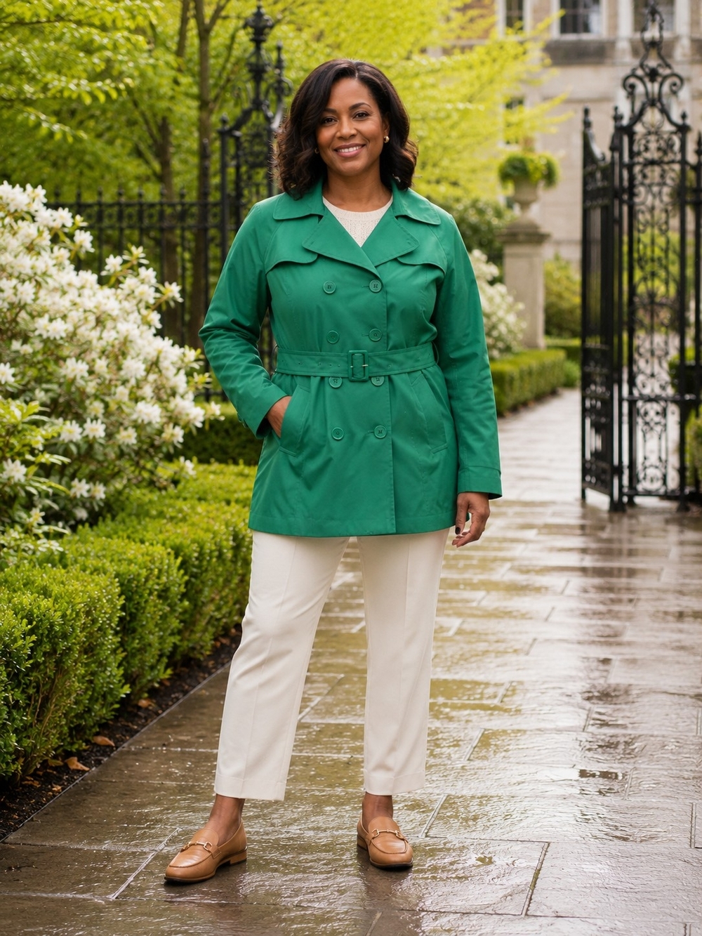 FOG by London Fog Emerald Green Belted Double Breasted Trench Jacket XL